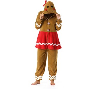 #followme Womens One Piece Christmas Themed Adult Bodysuit Microfleece Hoody Winter Pajamas - 1 of 4