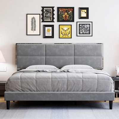King Bed Frame with Velvet Headboard, Upholstered Platform Base & 1000 lbs Support