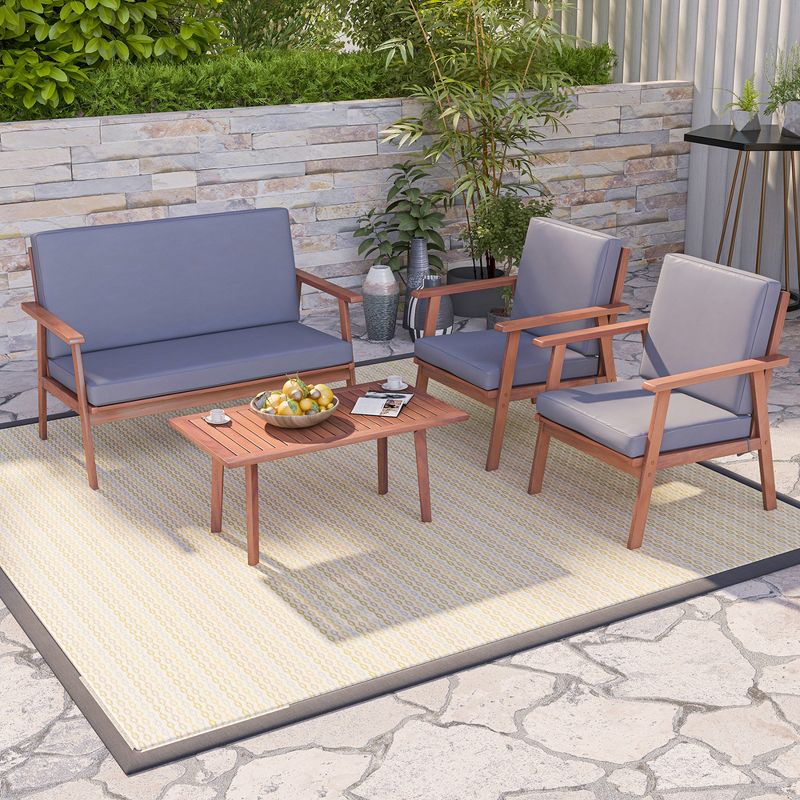 Costway 4 PCS Patio Conversation Set Acacia Wood Sofa Coffee Table with Cushioned Seat, 4 of 11