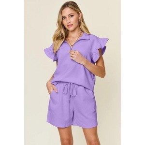 I am a Fashion junky Double Take Full Size Texture Flounce Sleeve Top and Drawstring Shorts Set - 1 of 4