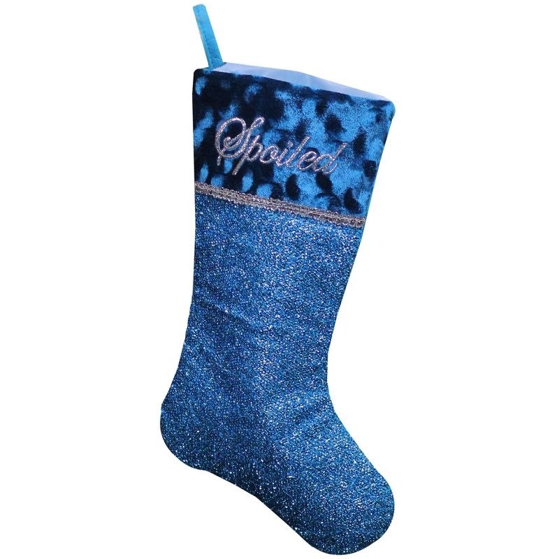 Northlight 18" Metallic Blue and Silver Embroidered 'Spoiled' Christmas Stocking, 1 of 3
