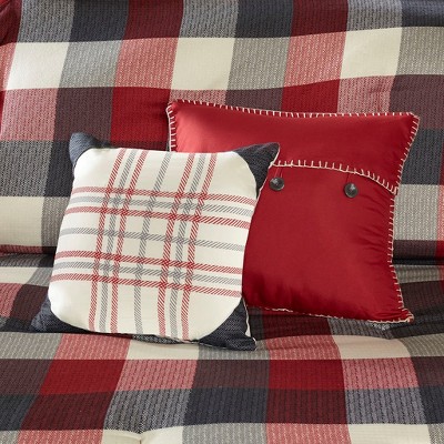 Queen Red and Gray Herringbone Plaid Comforter Set