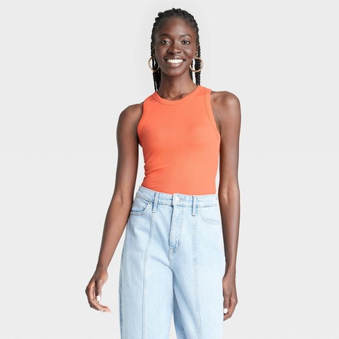 Women's Slim Fit Ribbed High Neck Tank New Day™ Orange Xl : Target