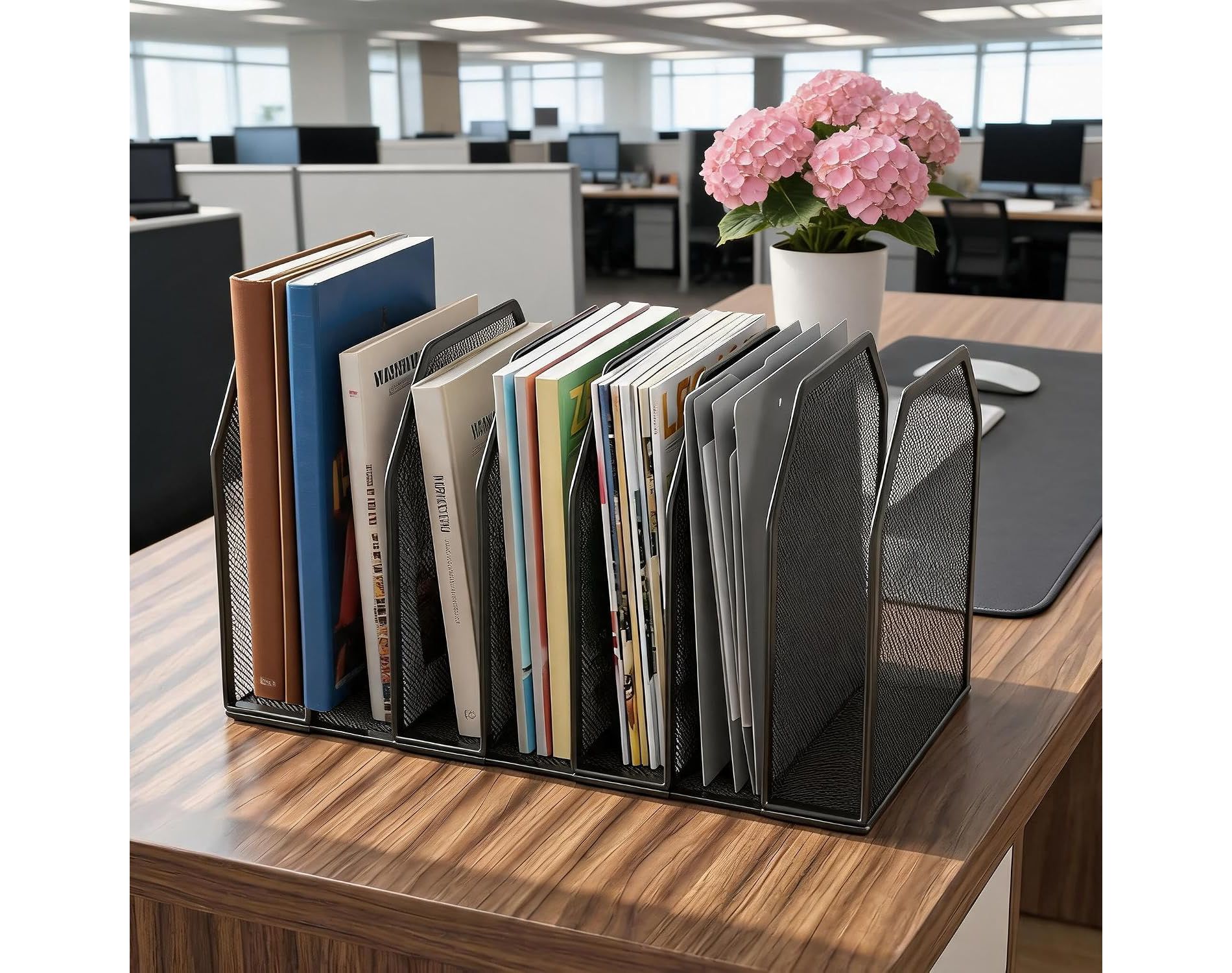 Durable Metal Wire Mesh Vertical File Folder Rack, 7-Section Black Desktop Organizer with Adjustable Spacing, Ideal for Books, Magazines, and Papers