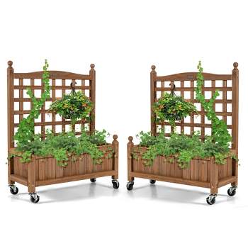 Costway 32in Wood Planter Box w/Trellis Mobile Raised Bed for Climbing Plant