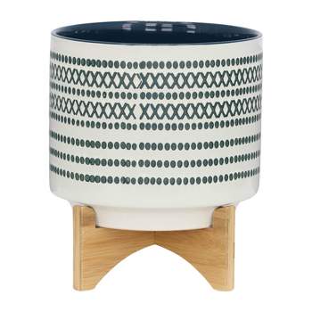Sagebrook Home 10" Wide Patterned Ceramic Planter Pot with Wood Stand Blue