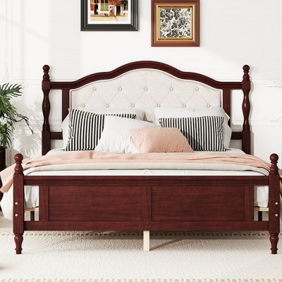 Queen Size Bed with Upholstered Headboard and Panel Footboard, Vintage Pine Wood Platform Bed with Central Support-Baofuwish