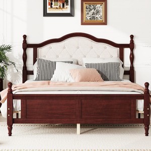 Queen Size Bed with Upholstered Headboard and Panel Footboard, Vintage Pine Wood Platform Bed with Central Support-Baofuwish - 1 of 4
