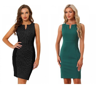 INSPIRE CHIC Women's V Neck Office Sleeveless Bodycon Midi Pencil Dress 2 Packs