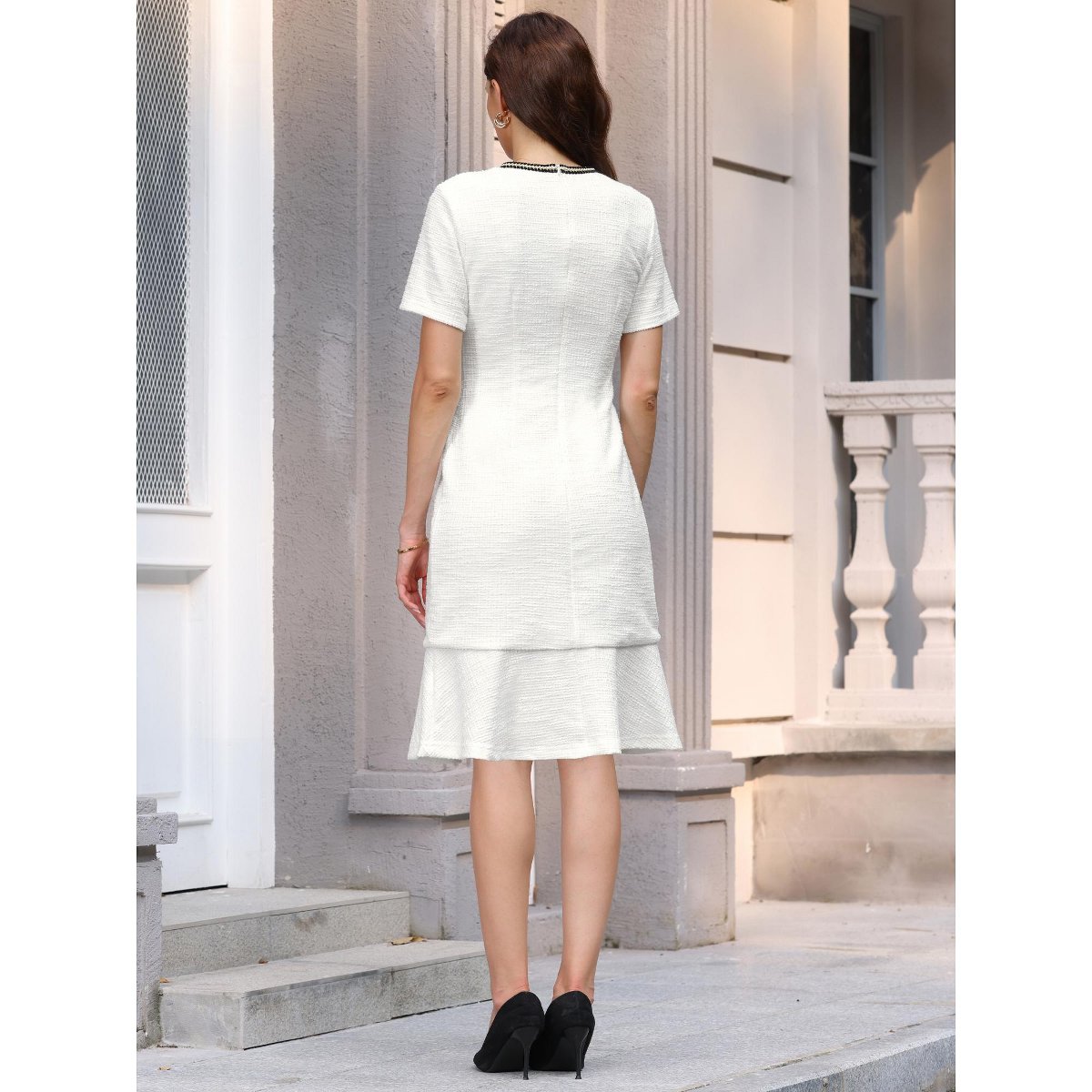 Женские платья INSPIRE CHIC Women's Bodycon Mermaid Tweed Short Sleeve Panel Trim Fishtail Dresses X-Large White — фото 5