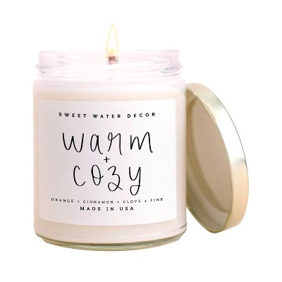 Sweet Water Decor Warm and Cozy 9oz Clear Jar Script Label Soy Candle