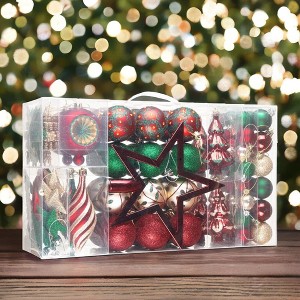 92pc Alluring Large Christmas Ornament Set, Unique Red Green and Gold Bauble Charms and Snow Covered Trees with Dark Red Tree Topper| OrnamentallyYou - 1 of 4