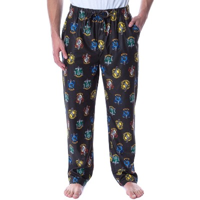 Harry Potter Adult Men's Hogwarts 4 House Crests Loungewear Pajama Pants Black