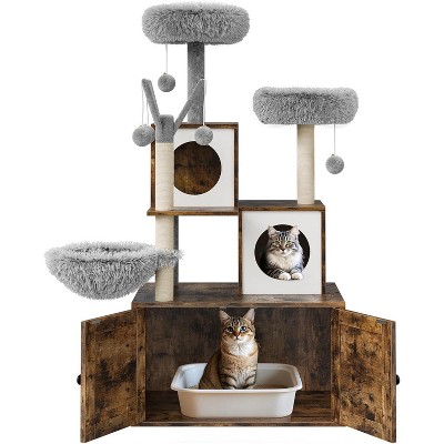 Cat Tree with Litter Box Enclosure, 2-in-1 Modern Cat Tower with Hammock and Scratching Posts