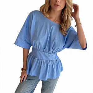 Women's Candy Color Short Sleeve Blouse Tie Back Ruched a Line