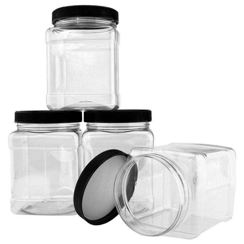 Cornucopia Brands 32oz Square Plastic Jars 4pk; Clear Rectangular 4-Cup Canisters w/Black Lids, Easy-Grip Side, 5 of 7