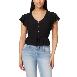 WallFlower Women's Adrianne Flutter Sleeve V-Neck Rayon Challis Swiss Dot Peplum Top - 1 of 3