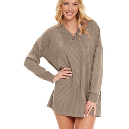 Adr Women's Long Sleeve Oversized Ribbed Knit Nightshirt, V-neck  Sleepshirt, Pajama Thermal Underwear Top Beige X Large : Target