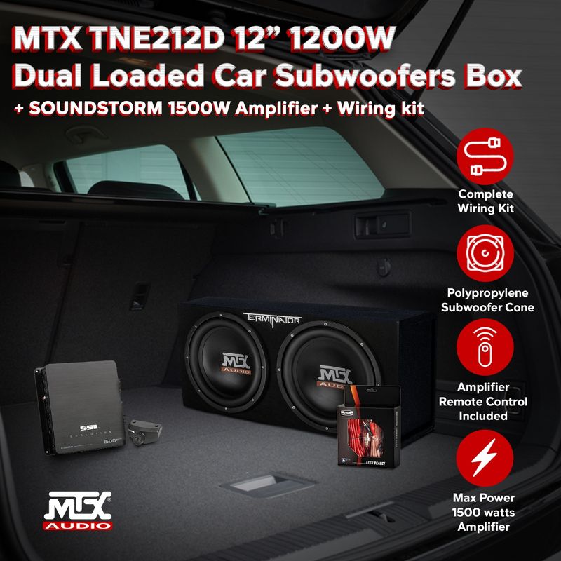 MTX TNE212D 12" 1200 Watt 4 Ohm Dual Loaded Car Audio Subwoofer Package with Sub Enclosure, Sound Storm EV 1500W Monoblock A/B Amplifier & Wiring Kit, 4 of 7