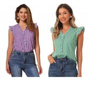 INSPIRE CHIC Women's Cap Sleeve Plaid Gingham Ruffle Shirt 2 Packs - 1 of 4