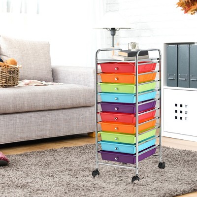 Multicolor 10-Drawer Rolling Storage Cart with Chrome Frame