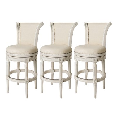 White Oak Swivel Upholstered Bar Stools with Nailhead Trim, Set of 3