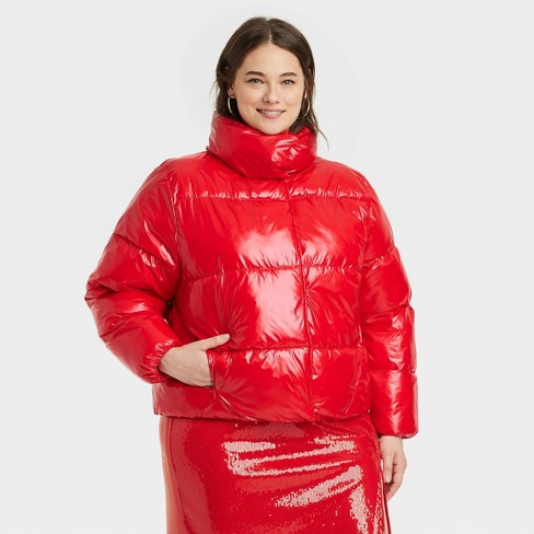 Red shiny coat 2024 with fur hood