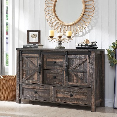 SinCiDo Farmhouse 48" Dresser w/4 Drawers & 2 Barn Doors, Chest of Drawers & Rustic TV Stand w/Adjustable Shelf for Living Room
