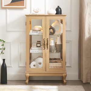 Wooakway Cherry Lighted Curio Cabinet with 2 Tempered Glass Doors Mirrored Back Panel Adjustable Shelves Display Case for Home Office Bulb Included - 1 of 4
