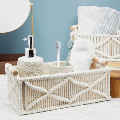 Ivory Macrame Rectangular Storage Baskets with Wood Handles, Set of 2