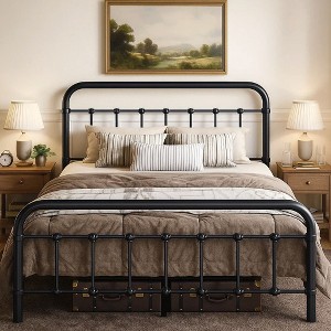 Metal Platform Bed Frame Victorian Style Wrought Iron Headboard and Footboard No Box Spring Needed - 1 of 4