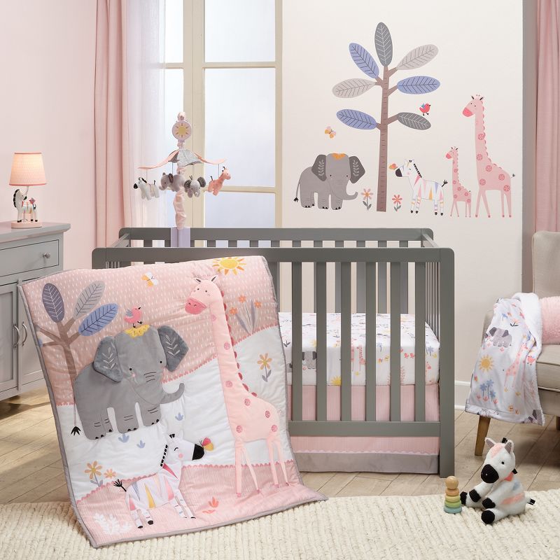 Lambs & Ivy Jazzy Jungle 3-Piece Safari Animals Pink Baby Crib Bedding Set, 1 of 11