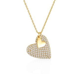 Guili Sterling Silver 14k Yellow Gold Plated Double Dangle Heart Charm Pendant Necklace with Pave Cubic Zirconia, A Layered Beauty - 1 of 3
