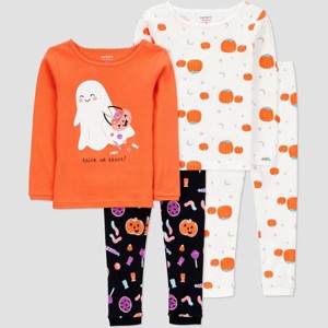 Carter's Just One You® Toddler Girls' 4pc Cotton Long Sleeve Ghost Halloween Pajama Set - Orange/White/Black - 1 of 3