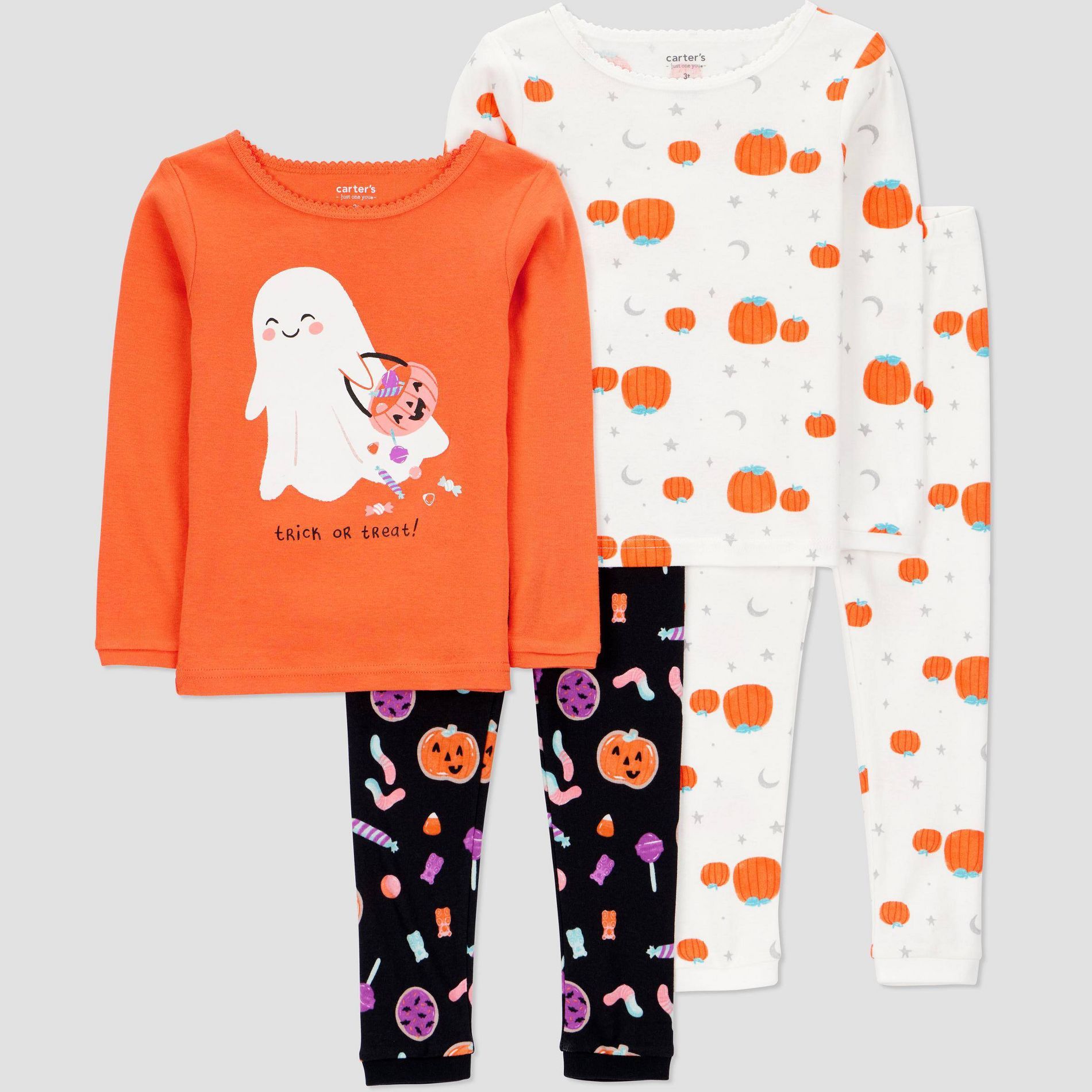 Carter's Just One You® Toddler Girls' 4pc Cotton Long Sleeve Ghost Halloween Pajama Set - Orange/White/Black 2T