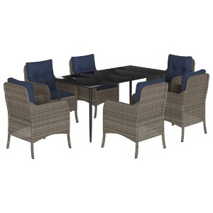 vidaXL Poly Rattan Patio Dining Set - 7 Piece, Gray/Navy with Cushions, Tempered Glass Tabletop, Outdoor/Garden/Backyard Furniture - 1 of 4