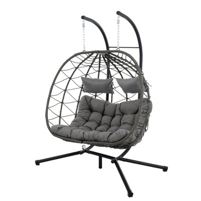 SKRAN 2 Person Hanging Egg Chair with Stand r, Double Swing Chairs Patio Rattan Wicker with UV Resistant Cushion for Balcony, Garden