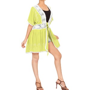 LA LEELA Women's Summer Front Open Holiday Beachwear Mini Bathing Suit Cover ups Duster Vacation Swimwear Cardigan L-XL Yellow, Solid - 1 of 4