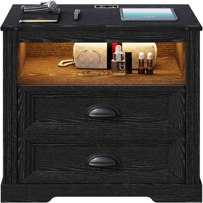 GlasFlength Nightstands Nightstand Farmhouse Style Bedside Table with Storage Drawers Simple Design for Bedroom, Black, 19.68"*15.75"*23.62"