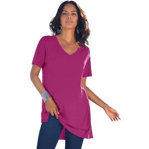 Roaman's Women's Plus Size Ultimate Short Sleeve V Neck Tunic - 1 of 4