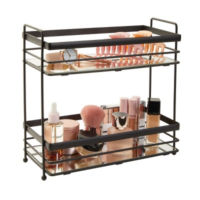 TargetJuvale 2-Tier Matte Black Mirrored Tray for Vanity, Bathroom Countertop, Perfume Organizer (12 x 6 x 11 In)