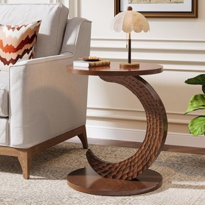 Lantine Round End Table, C-Shaped Sofa Side Table with Carving Texture, Vintage Wooden Bedside Nightstand for Living Room, Bedroom, Walnut Brown - 1 of 4