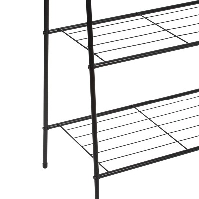 Black Metal Freestanding Clothing Rack with Shelves and Hooks