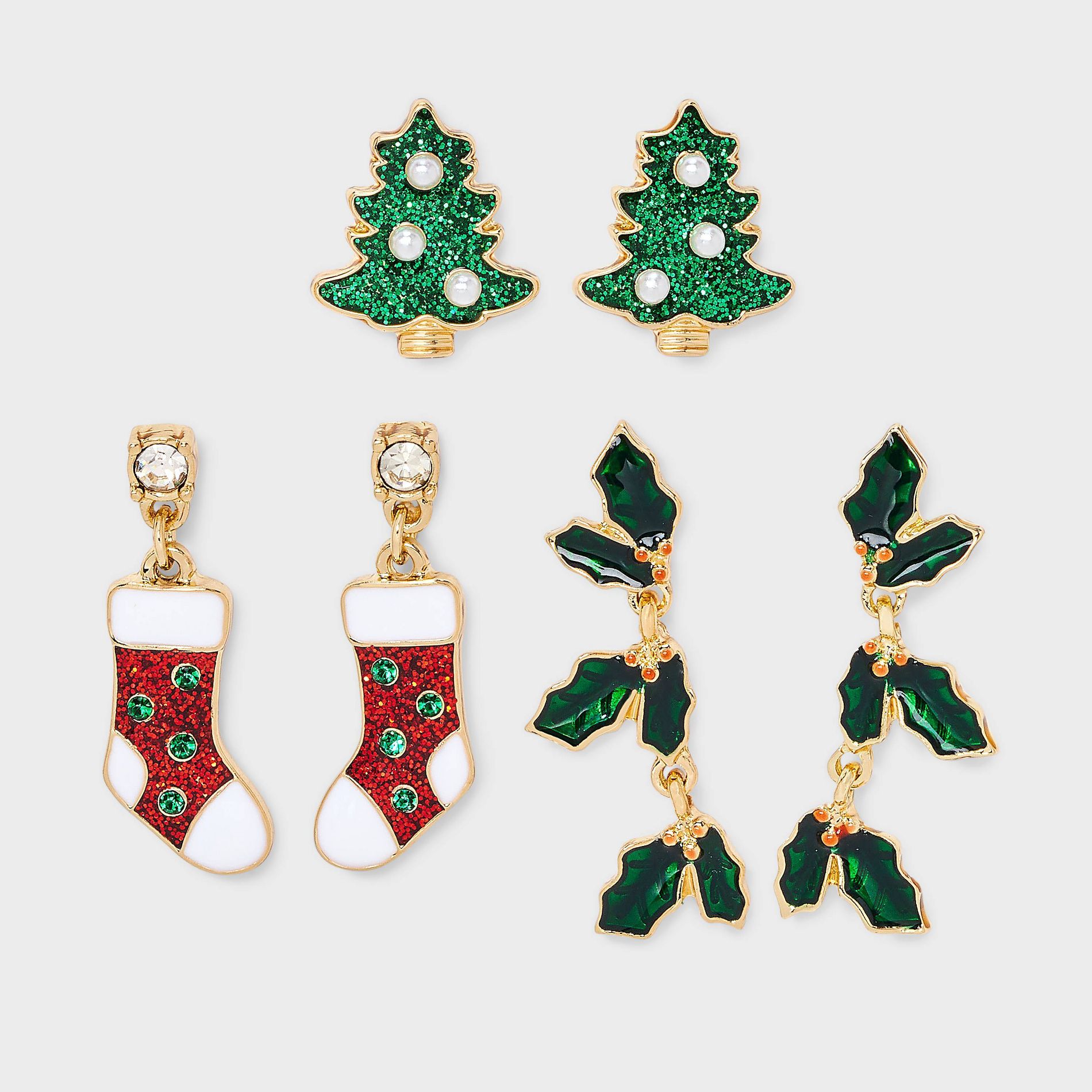 Christmas Icon Earring 3pc Set - Gold/Green/Red