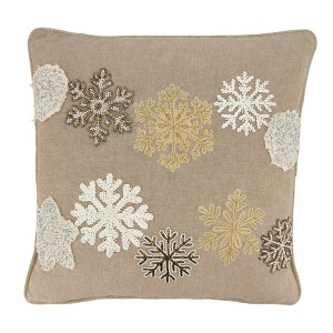 Saro Lifestyle Embroidered Snowflake Pillow - Down Filled, 18" Square, Natural - 1 of 3