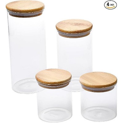 WHOLE HOUSEWARES Glass Jars with Bamboo Lids - 4 Piece Modular Set, Clear
