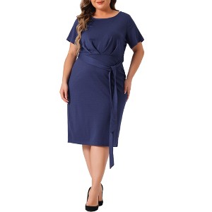 Agnes Orinda Women's Plus Size Round Neck Short Sleeve Belted Knot Tie Midi Bodycon Dresses - 1 of 4