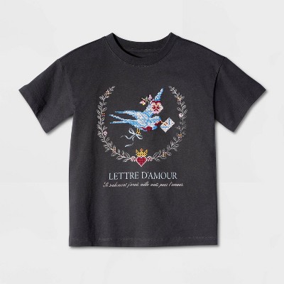 Детские футболки Cat & Jack Girls' Short Sleeve 100% Cotton Bird Oversized Graphic T-Shirt - Cat & Jack™ Black M — фото 2