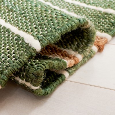 6'6" Square Green and Natural Wool Striped Kilim Rug