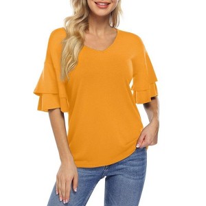 Coolmee Women's Blouses Ruffle Sleeve T Shirts V Neck Double Tiered Bell Sleeve Top - 1 of 4